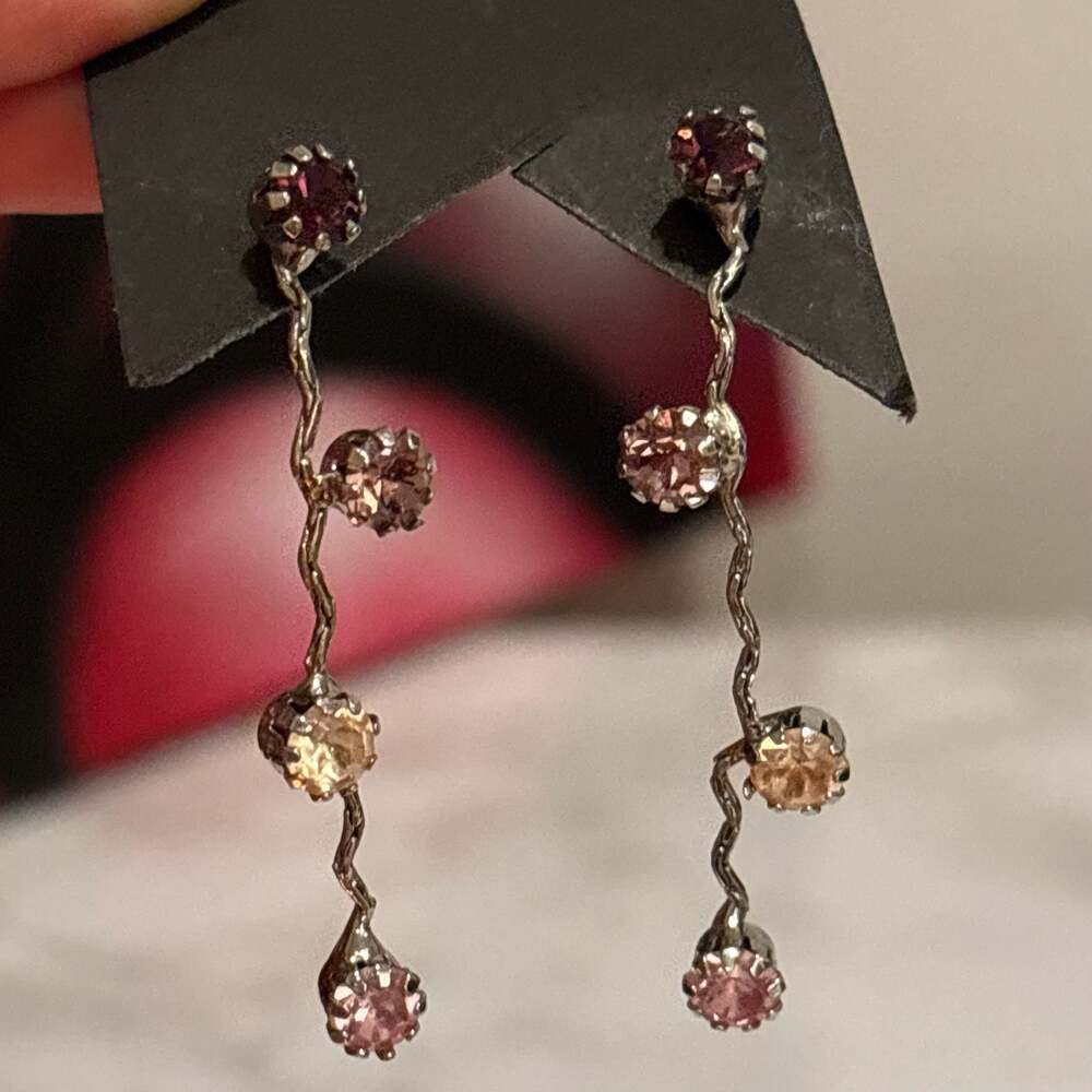 Gradient Pink and Peach Crystal Dangle Drop Earrings in Silver Tone